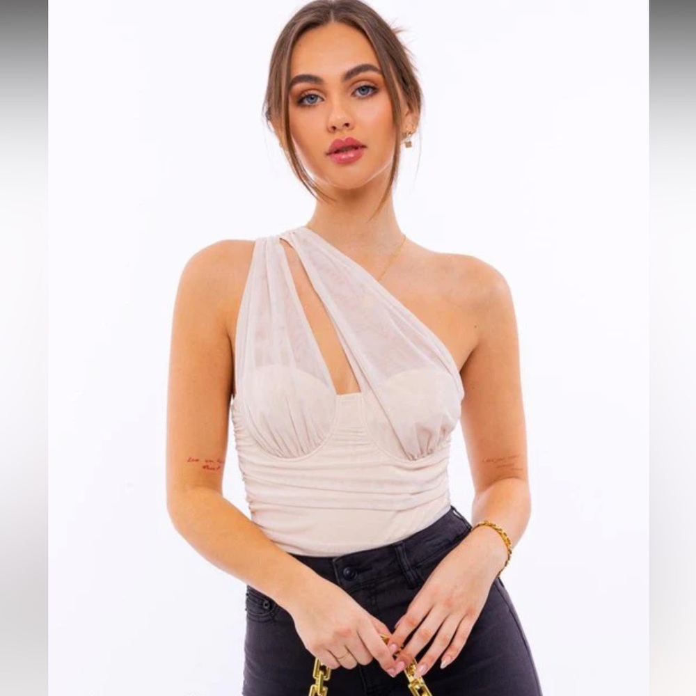 Cream Beige One Shoulder Mesh Bodysuit